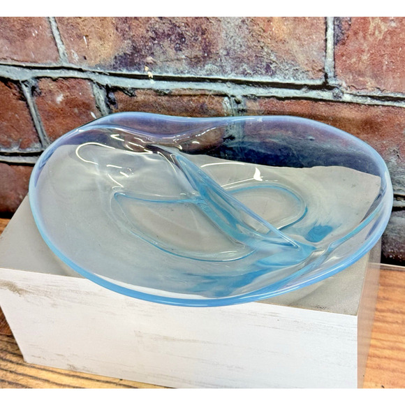 Vtg. Fostoria Seascape Caribee Blue Opalescent Crescent Divided Relish Dish EUC - Picture 1 of 6